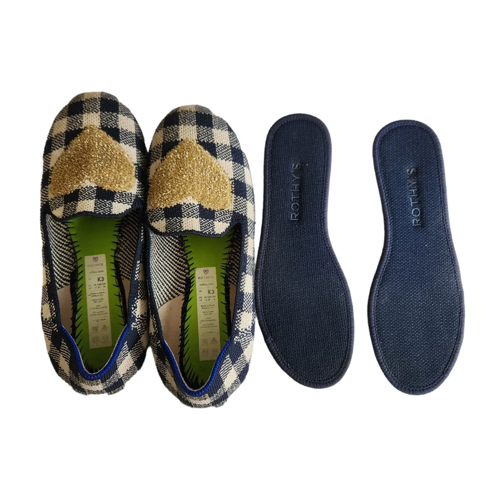 Rothy's Navy and Cream Gingham Kids Slip-On Flats with Gold Heart